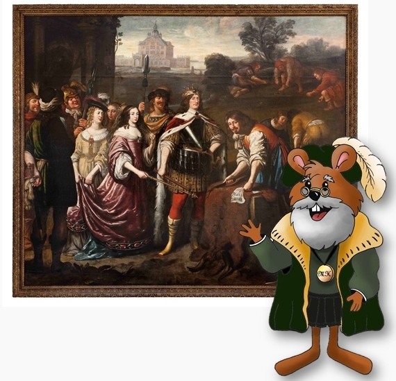 Museums-Maskottchen Mausfried erklärt den Besuchern die Allegorie auf die Gründung Oranienburgs