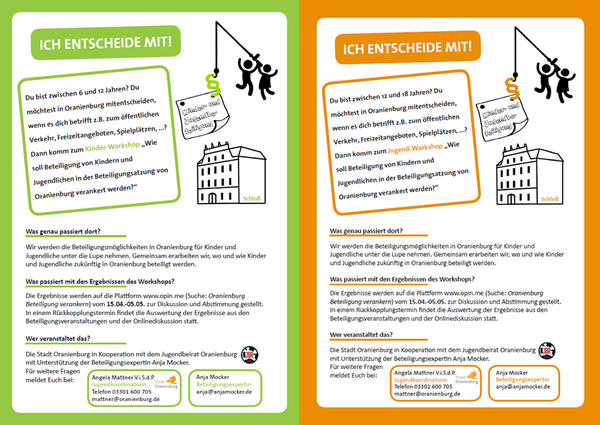 Die Flyer zu den Workshops der Kinder- und Jugendbeteiligung (Download weiter unten).