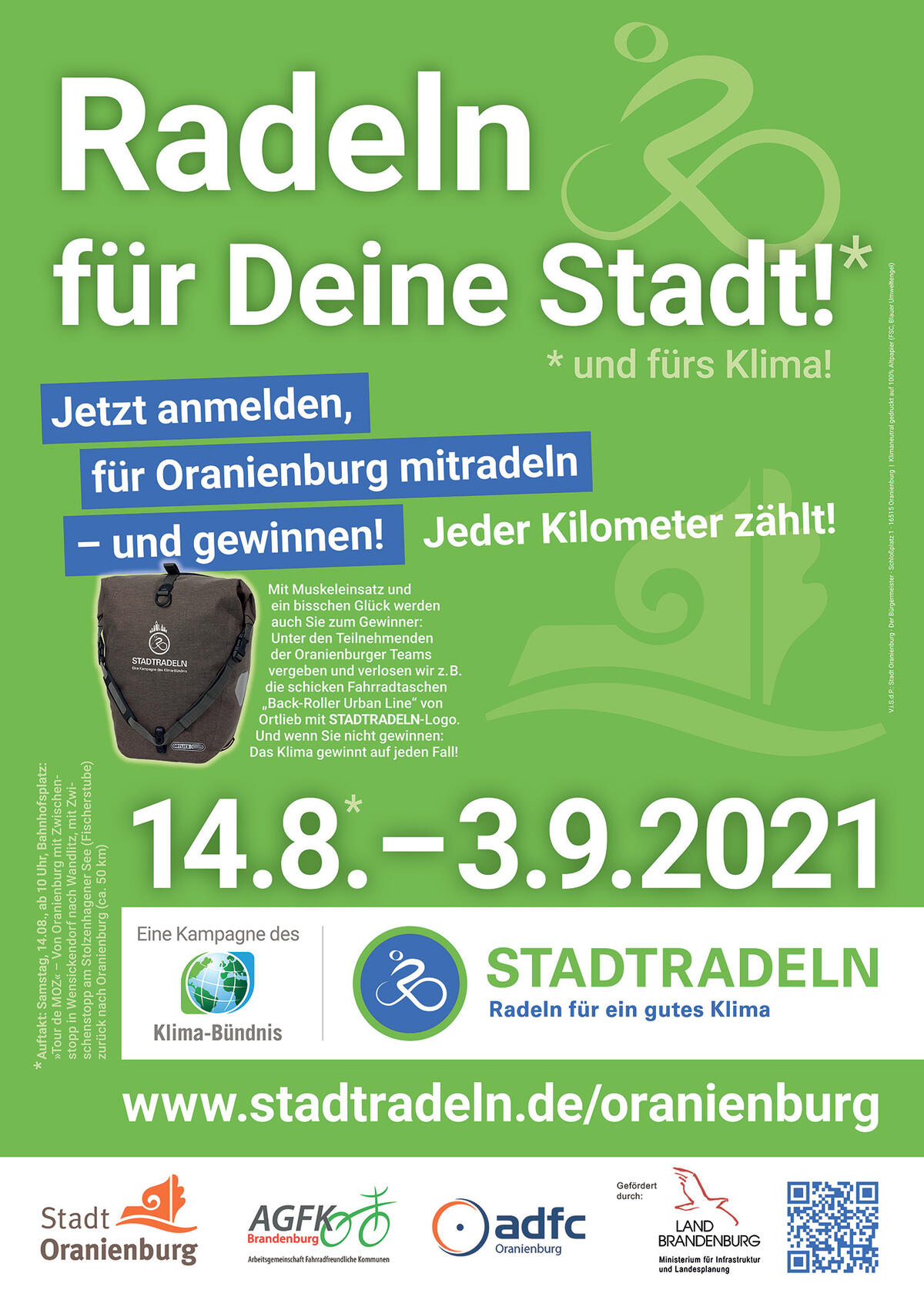 In Oranienburg wird vom 14.08. bis 03.09.2021 wieder fürs Klima geradelt - beim STADTRADELN ...