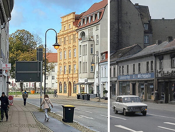 30 Jahre Stadtsanierung - hier die Bernauer Straße Richtung Schloss 2020 und in den späten 1970er Jahren