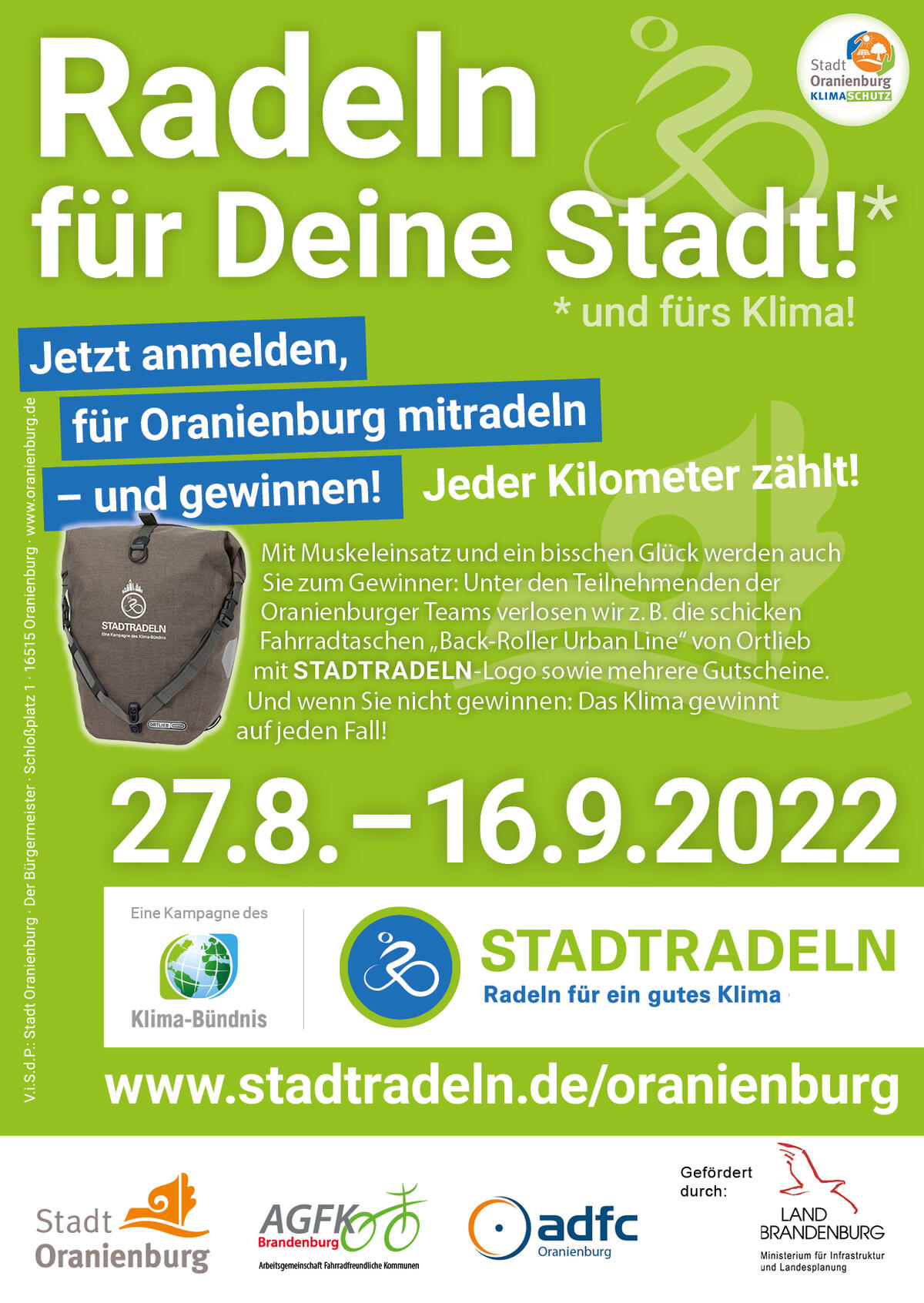 In Oranienburg wird vom 27.08. bis 16.09.2022 wieder fürs Klima geradelt - beim STADTRADELN ...