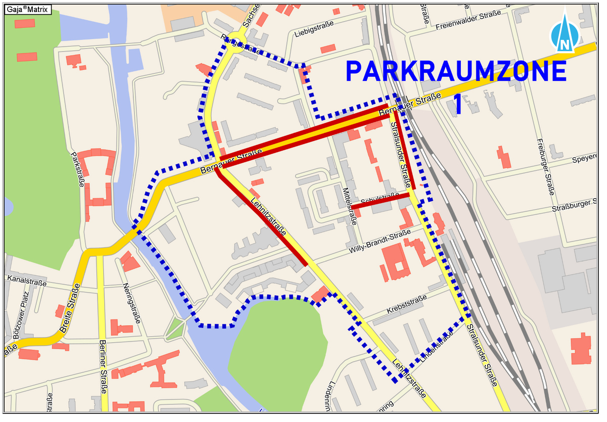 Straßenzüge ohne Gültigkeit des Anliegerparkausweises (rot, durchgezogen) innerhalb des Geltungsbereiches der Parkraumzone 1 (blau, gestrichelt)