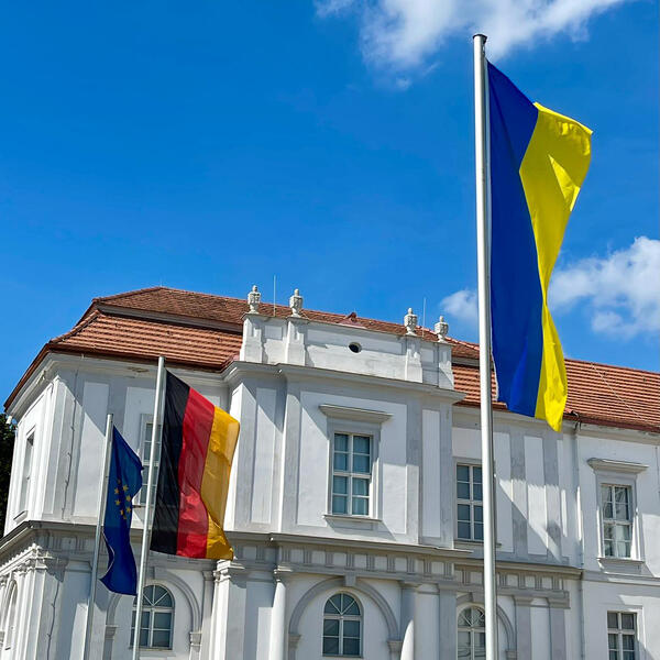 Ukraine-Flagge vorm Schloss